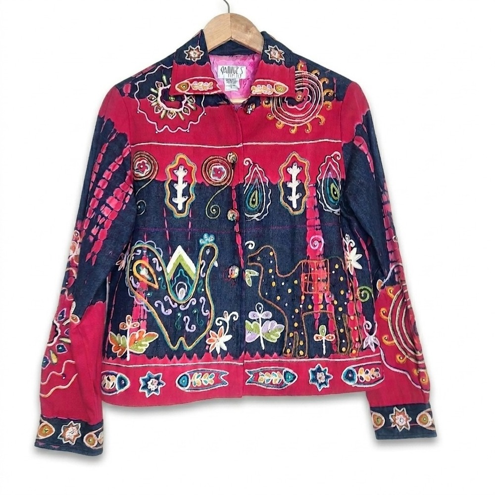 Vtg Minnie's Closet Art to Wear‎ Embroidered Jacket  Camel Fish Sun Boho S